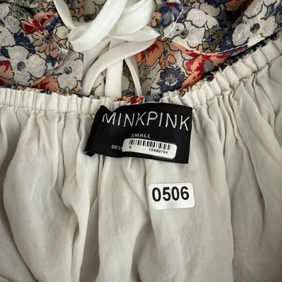 MINKINK Arve Floral Puff Sleeve Mini Dress Open Back Tie Detail Square Neck S - Picture 7 of 12